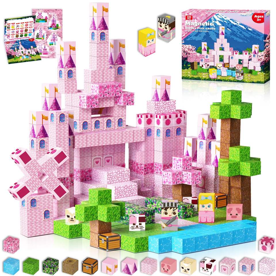 Bloques Magnéticos JONRRYIN De 2.5 Cm – 80 Piezas Castillo Rosa, Juguete De Construcción Magnética Para Niños De 4 A 10 Años, Ideal Para Aprender Y Crear Castillos De Ensueño