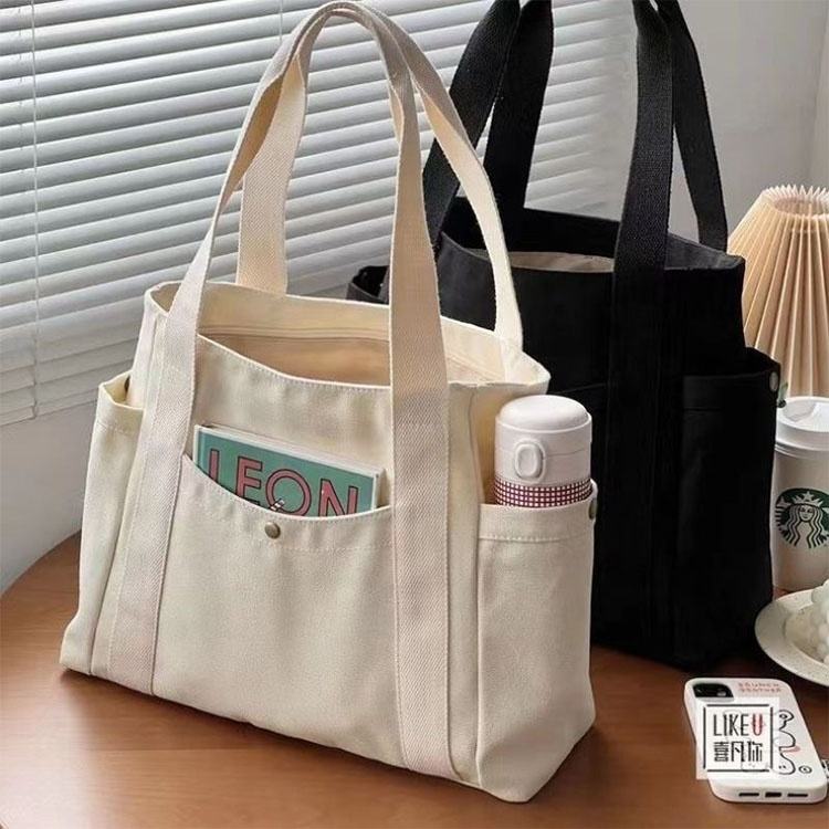 Bolso Tote de Lona con Cierre y Múltiples Bolsillos — Blanco o Negro