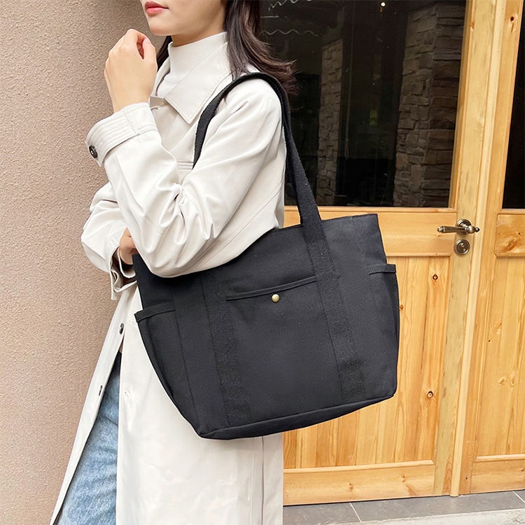 Bolso Tote de Lona con Cierre y Múltiples Bolsillos — Blanco o Negro - Imagen 3