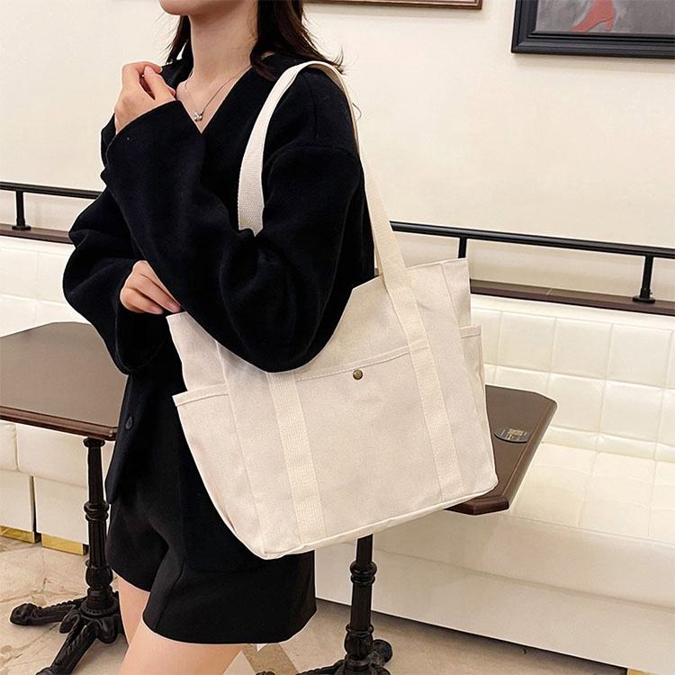 Bolso Tote de Lona con Cierre y Múltiples Bolsillos — Blanco o Negro - Imagen 2