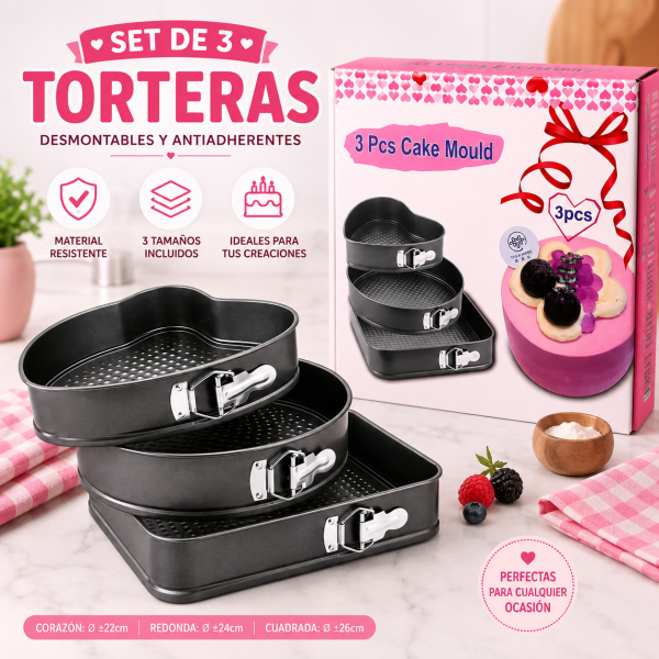 Set 3 Torteras Desmontables Antiadherentes Repostería
