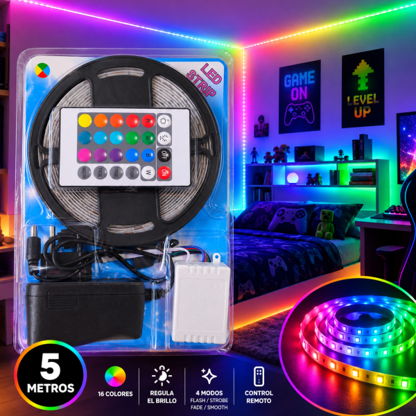 Cinta LED RGB 5 Metros con Control Remoto – Multicolor