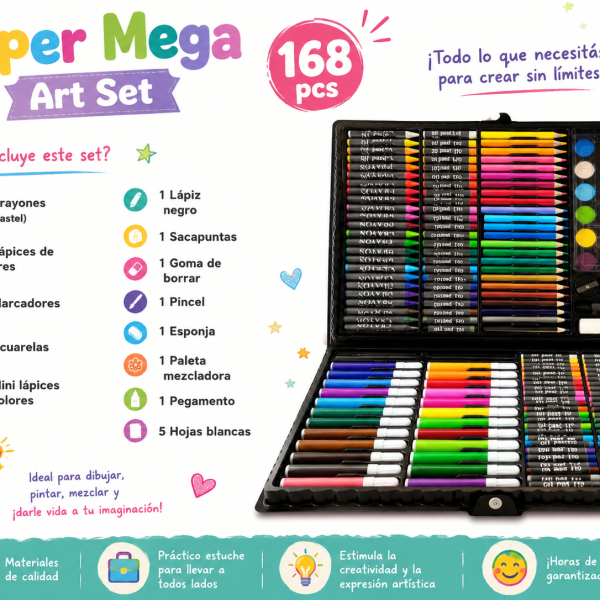 Set de Arte Infantil 168 Piezas – Valija Completa para Dibujar y Pintar
