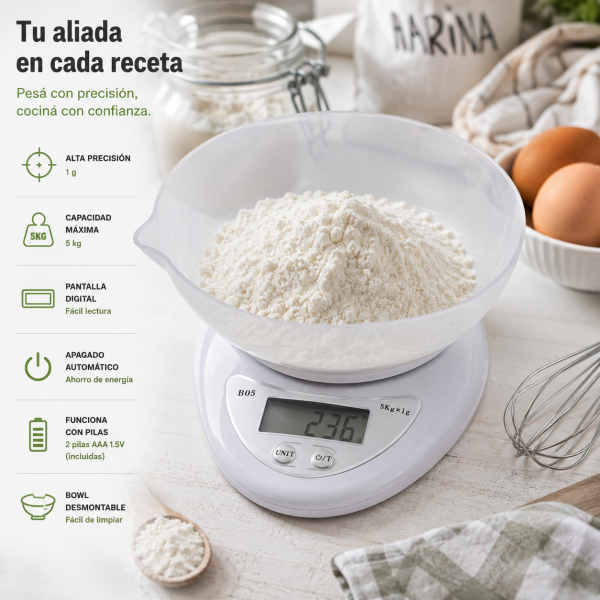 Balanza Digital De Cocina Con Bowl 5 Kg Precisión 1g Tara