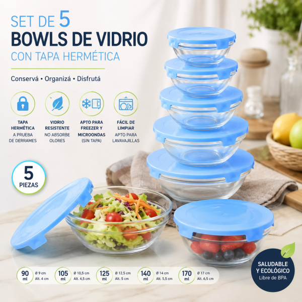 Set 5 Bowls Tupper De Vidrio Con Tapa Hermética Varios Tamaños
