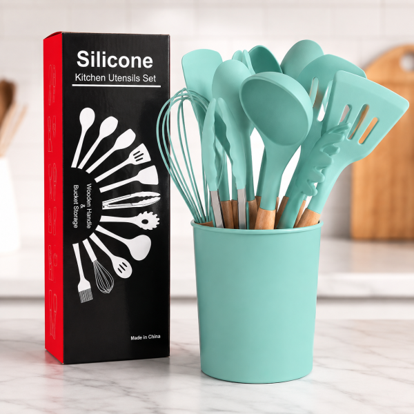 Set de Utensilios de Cocina de Silicona 12 Piezas con Porta Utensilios